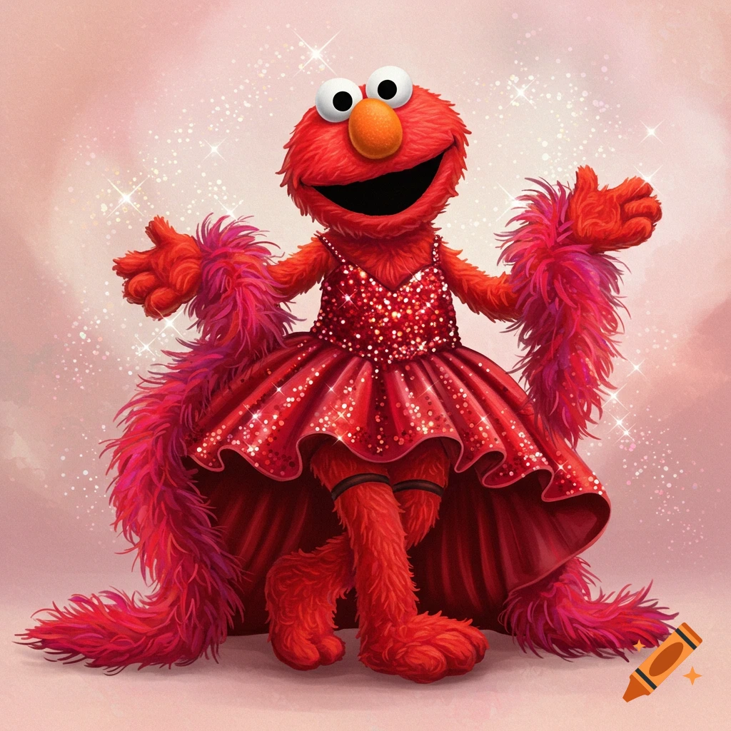 Elmo smiles broadly, wearing a shimmering red sequined dress with a ruffled  skirt and a fluffy red boa, against a sparkling pink background. on Craiyon