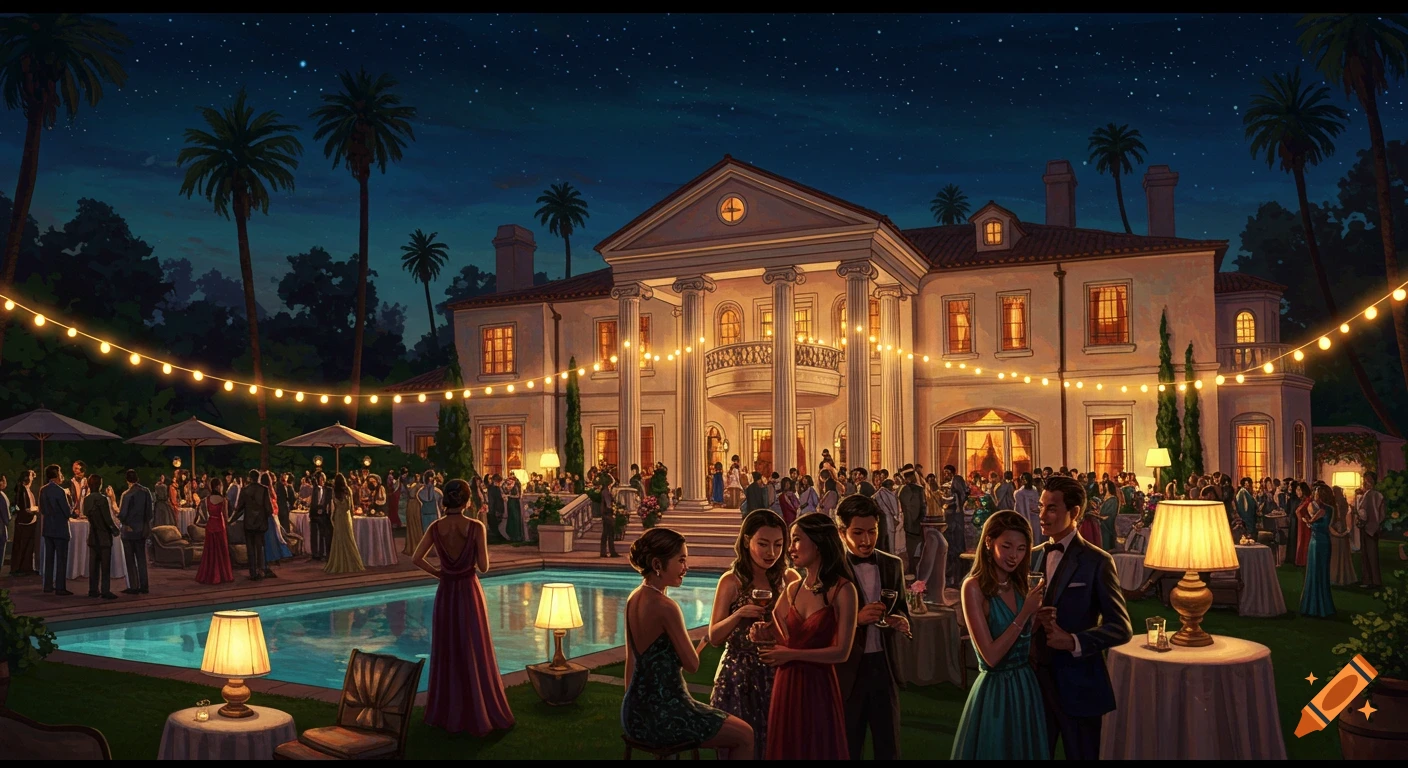 An illustrated night party scene at a grand mansion with many guests, a pool, and string lights.