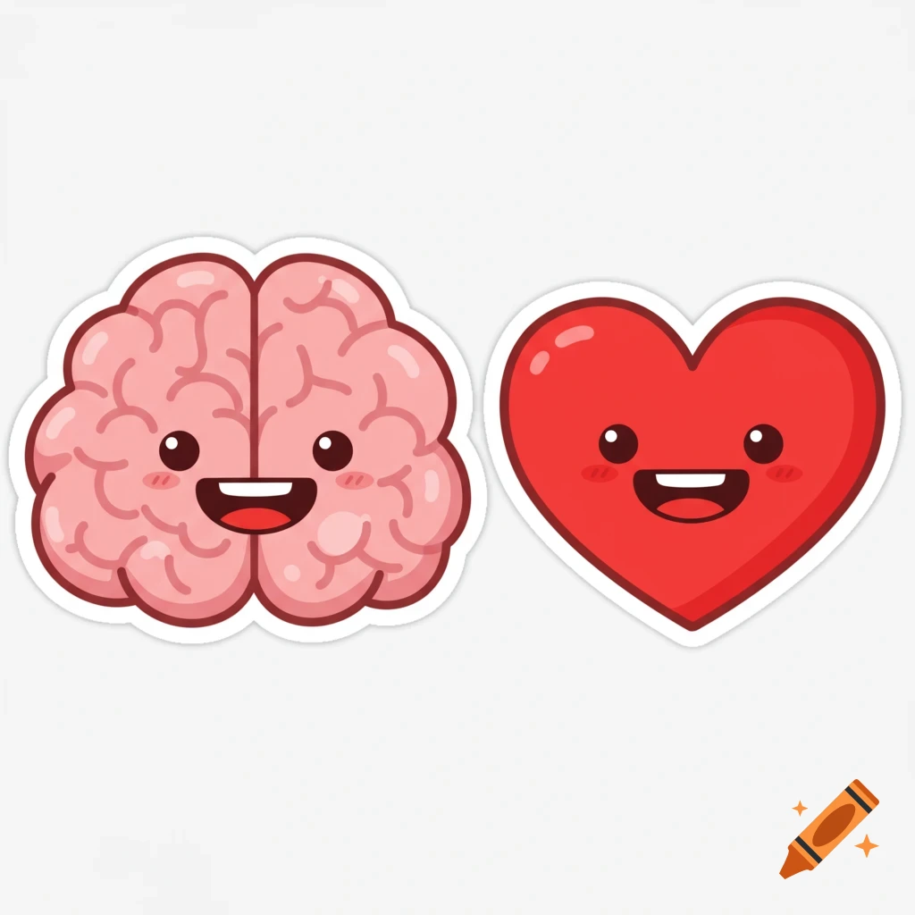 Cute cartoon stickers of a smiling pink brain and a smiling red heart.