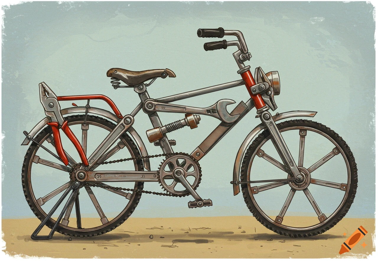 An illustrative depiction of a bicycle with its frame and components creatively formed from various metal tools like wrenches and pliers.