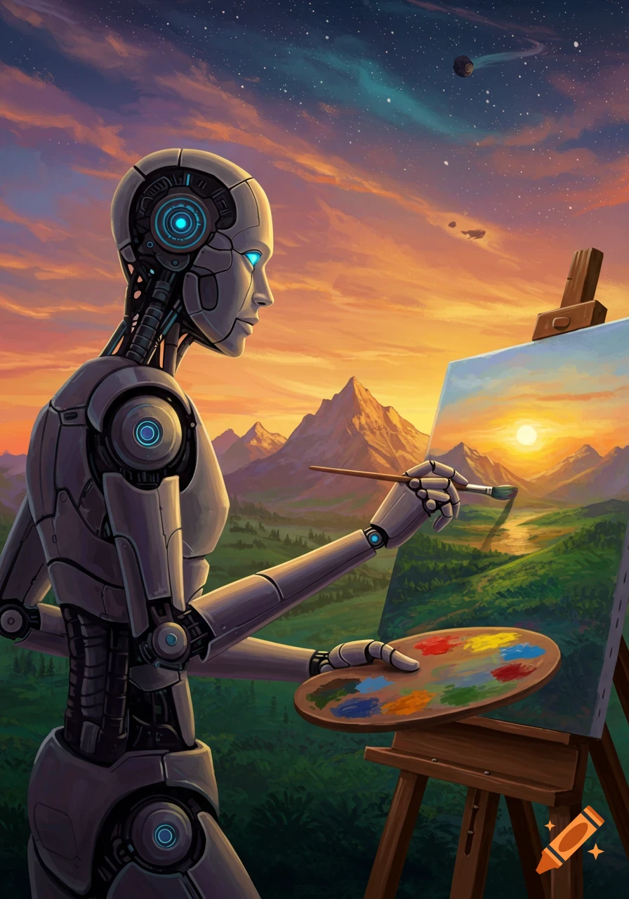 A futuristic robot painting a vibrant landscape with mountains, a river, and a sunset sky with stars and planets, in a digital art style.