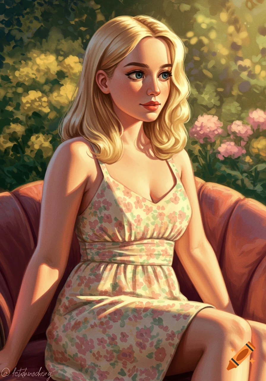 Blonde woman with blue eyes in a floral dress sitting in a garden, bright sunlight.