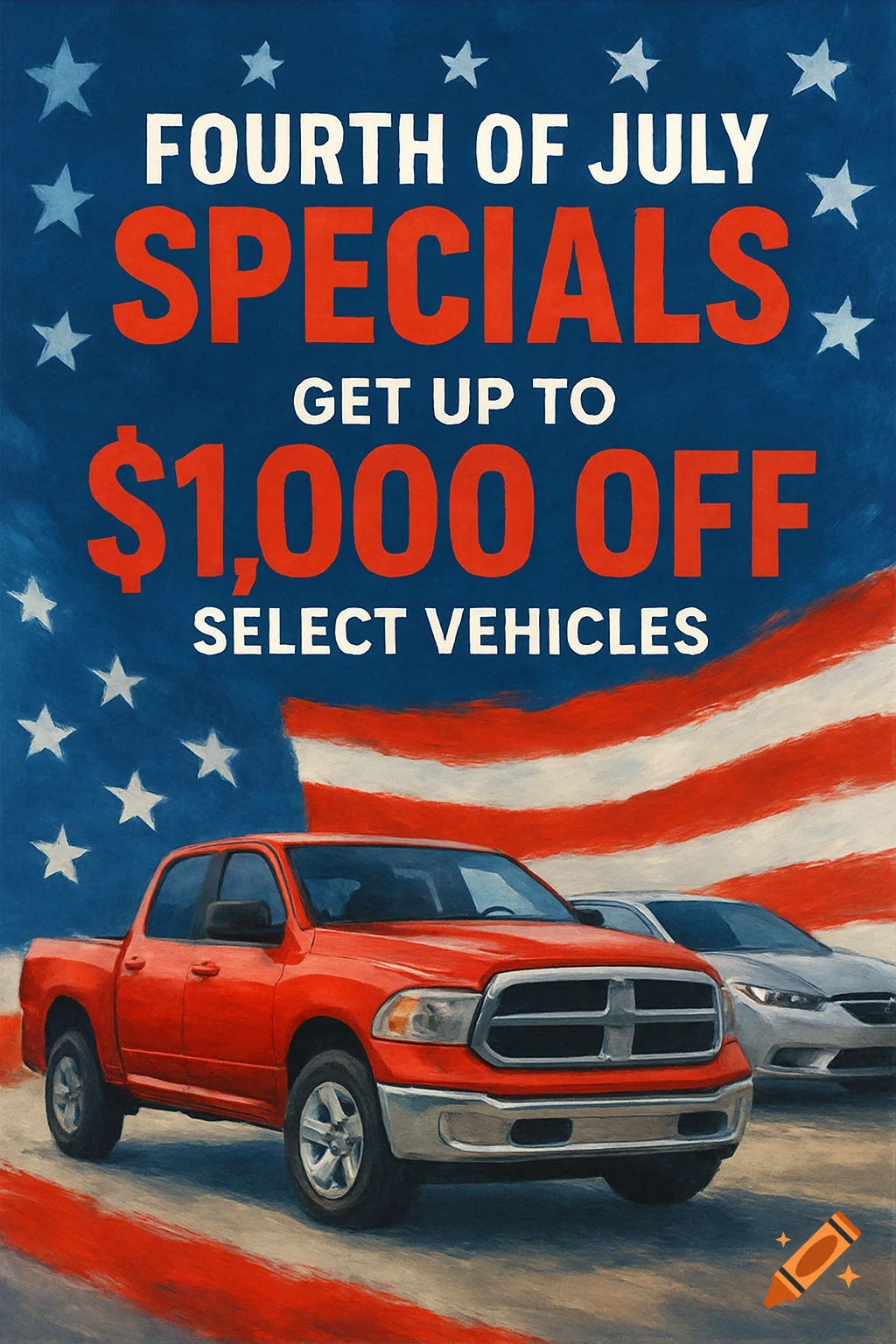 An advertisement for Fourth of July vehicle specials, featuring a red pickup truck and a silver car against a backdrop of the American flag in a painterly style.