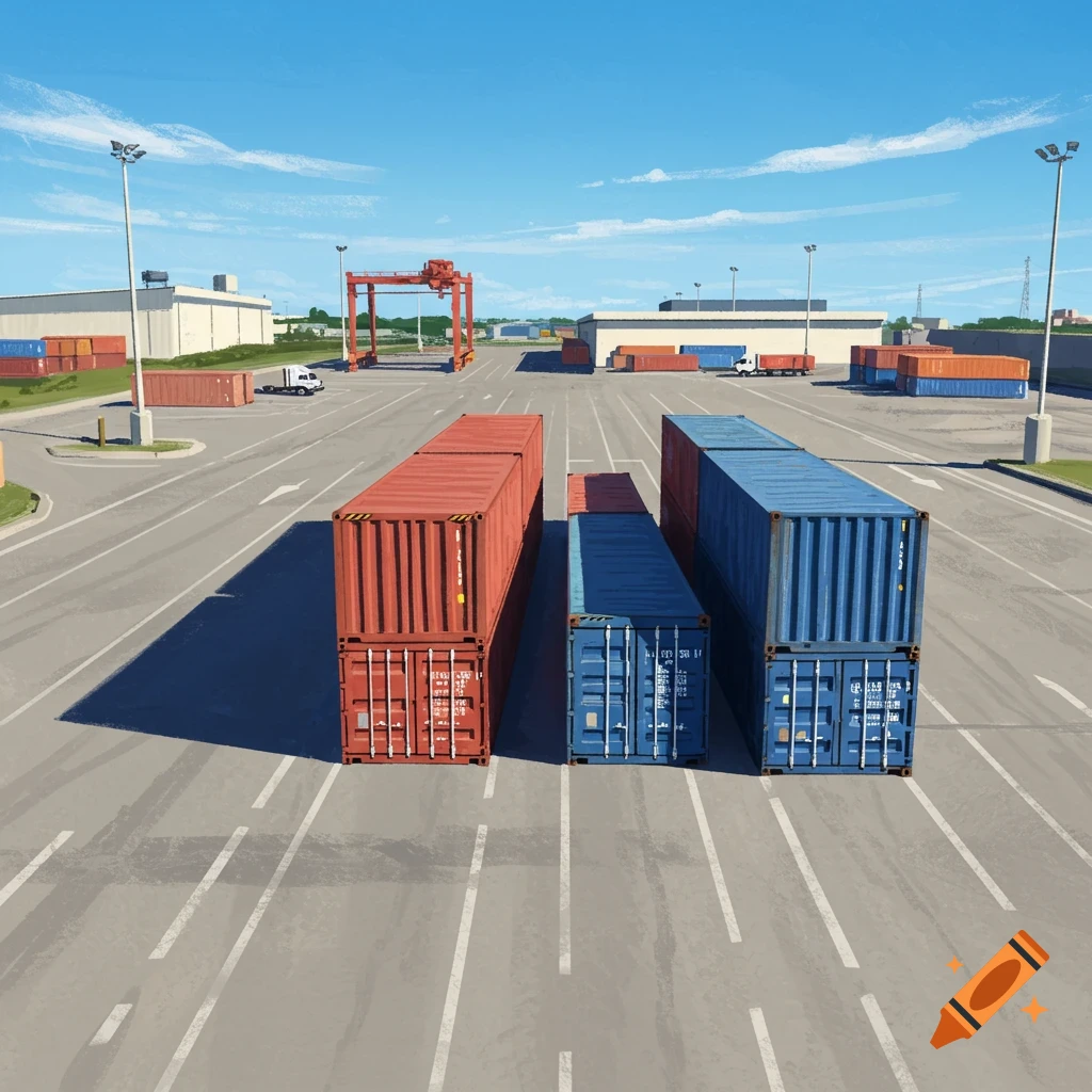 Aerial view of a container terminal with stacked red and blue shipping containers, trucks, and a red gantry crane.