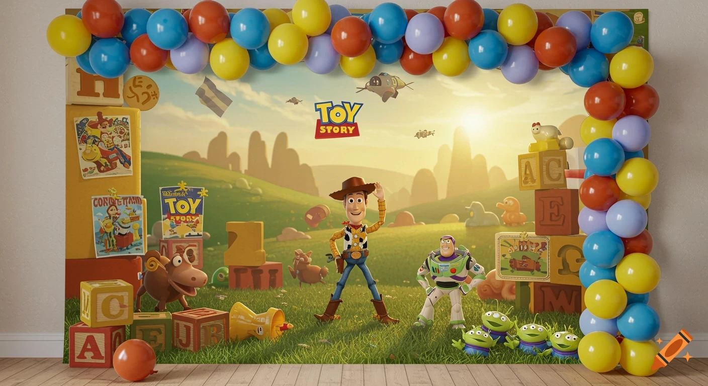 A vibrant Toy Story party backdrop featuring Woody, Buzz Lightyear, and green aliens in a sunny, grassy field, framed by colorful balloons.