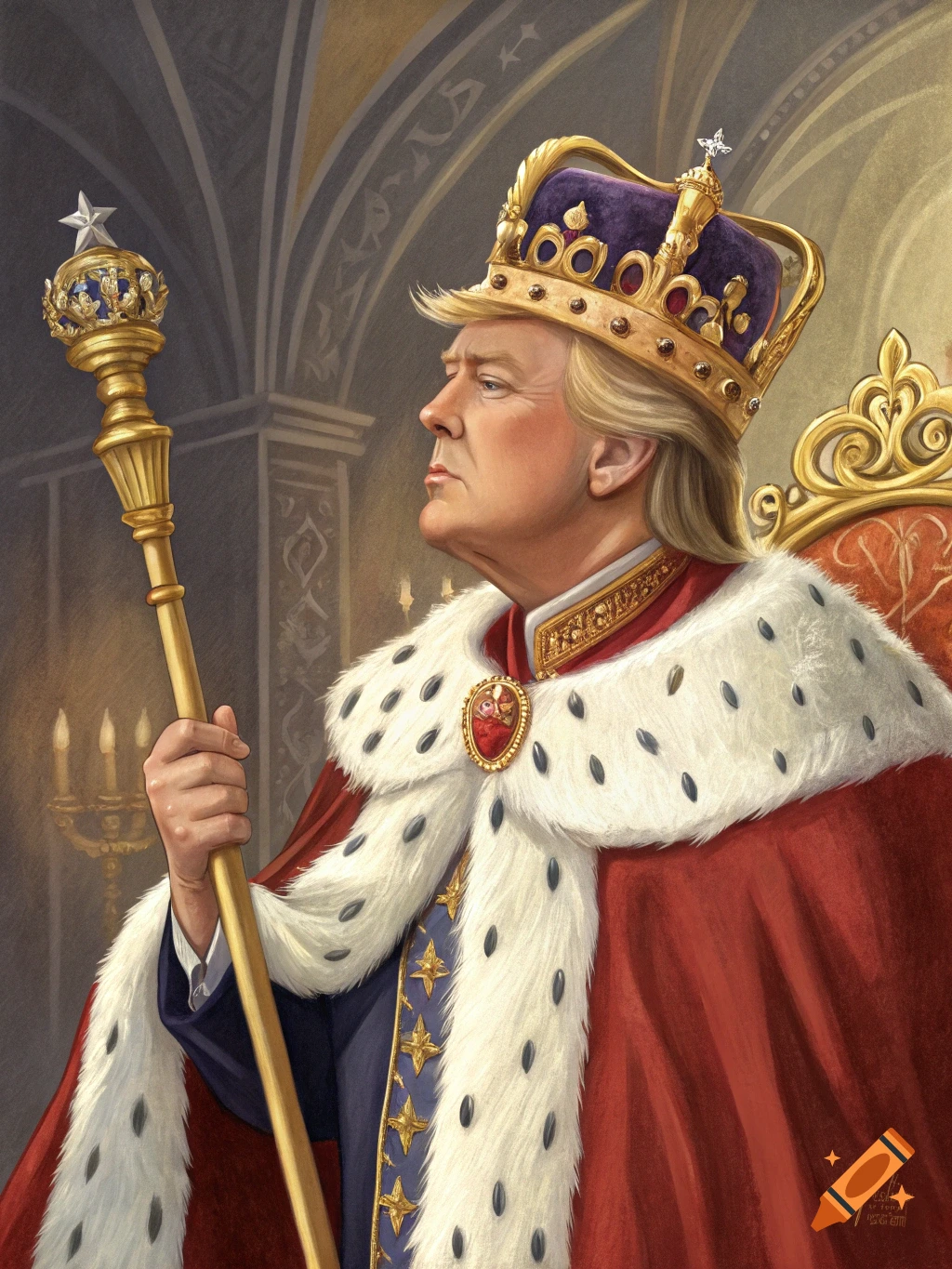 A regal portrait of Donald Trump as a king in a gold crown, ermine-trimmed red cloak, holding a scepter, seated on a throne.