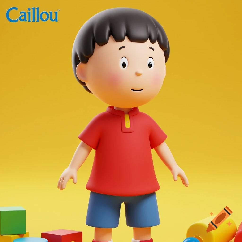 A 3D render of the cartoon character Caillou, a child in a red shirt and blue shorts, against a yellow background.
