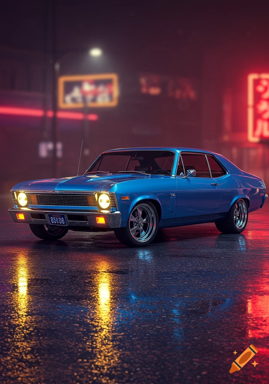 A photorealistic blue 1968 Chevy Nova parked on a wet street at night, with glowing headlights and neon city lights reflecting on the ground.