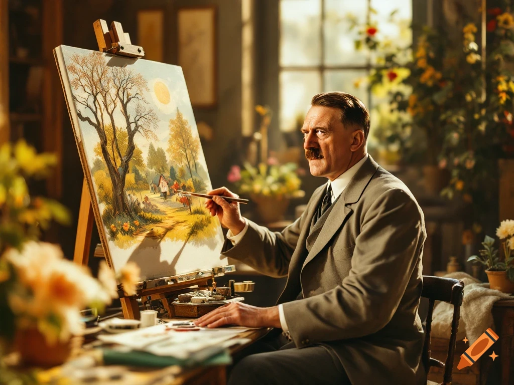 Adolf Hitler with a mustache, dressed in a suit, painting a sunny landscape on an easel in a bright studio with plants, realistic style.