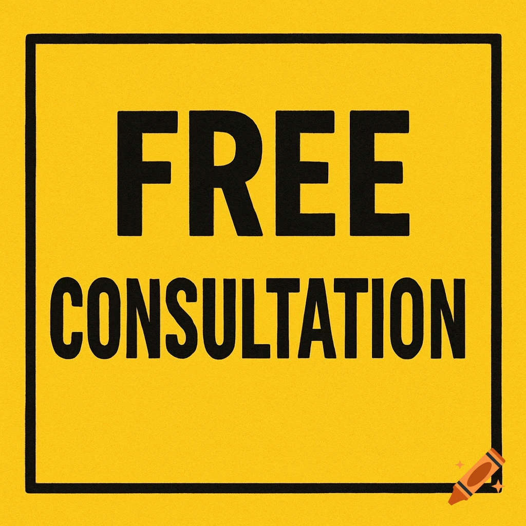 A bright yellow sign with the words 'FREE CONSULTATION' in bold black text, framed by a thin black border.