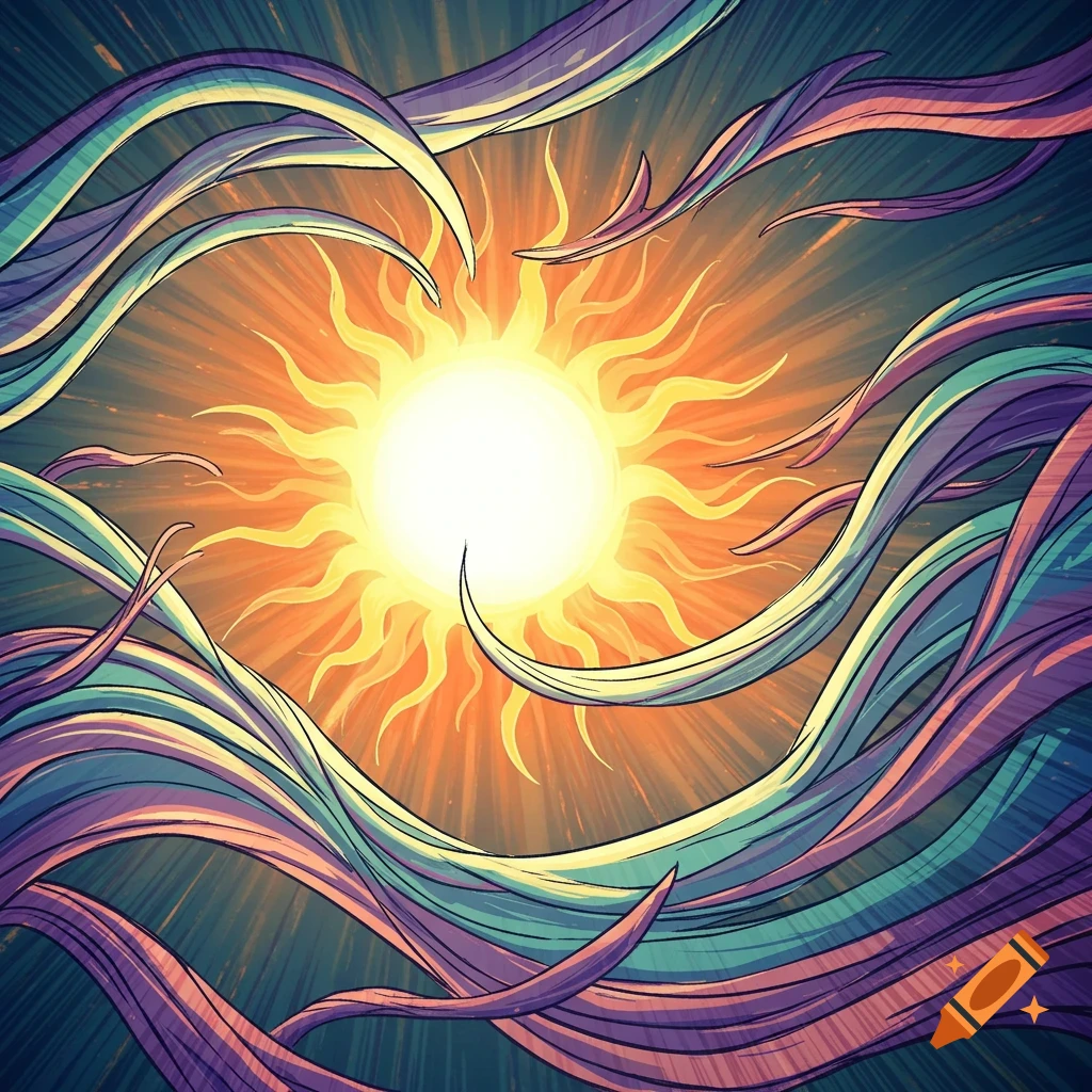 A stylized bright yellow sun surrounded by swirling purple, blue, and green abstract ribbons in an anime illustration style.