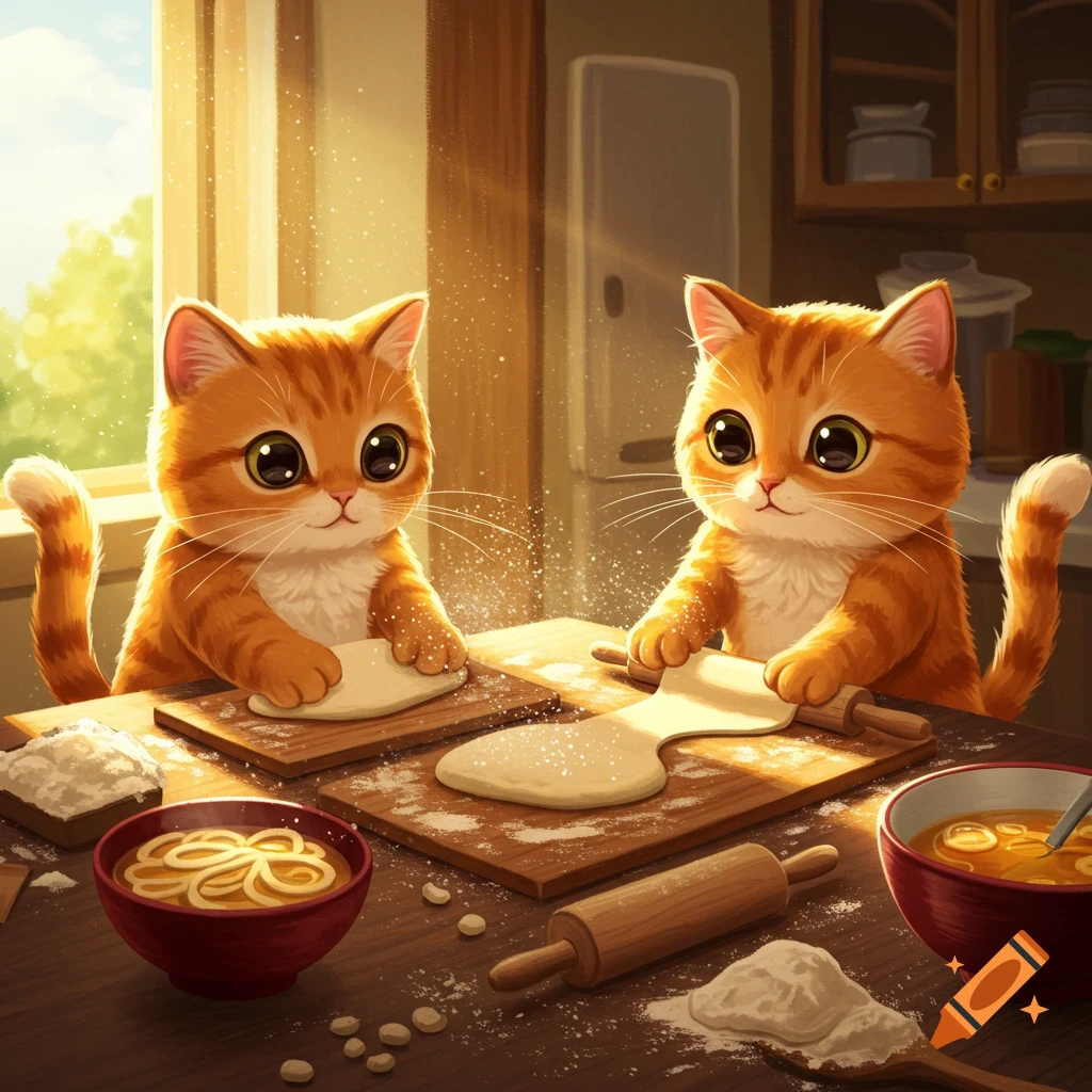 Two cute cartoon ginger cats with large eyes in a sunny kitchen, kneading dough and rolling it out on wooden boards, surrounded by flour and bowls of noodles.