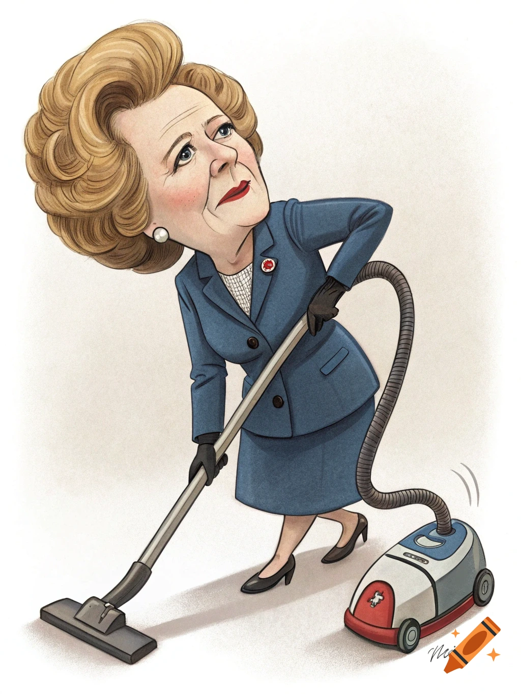 Cartoon illustration of Margaret Thatcher, with a large blonde hairstyle, in a blue suit and gloves, vacuuming and looking upwards.