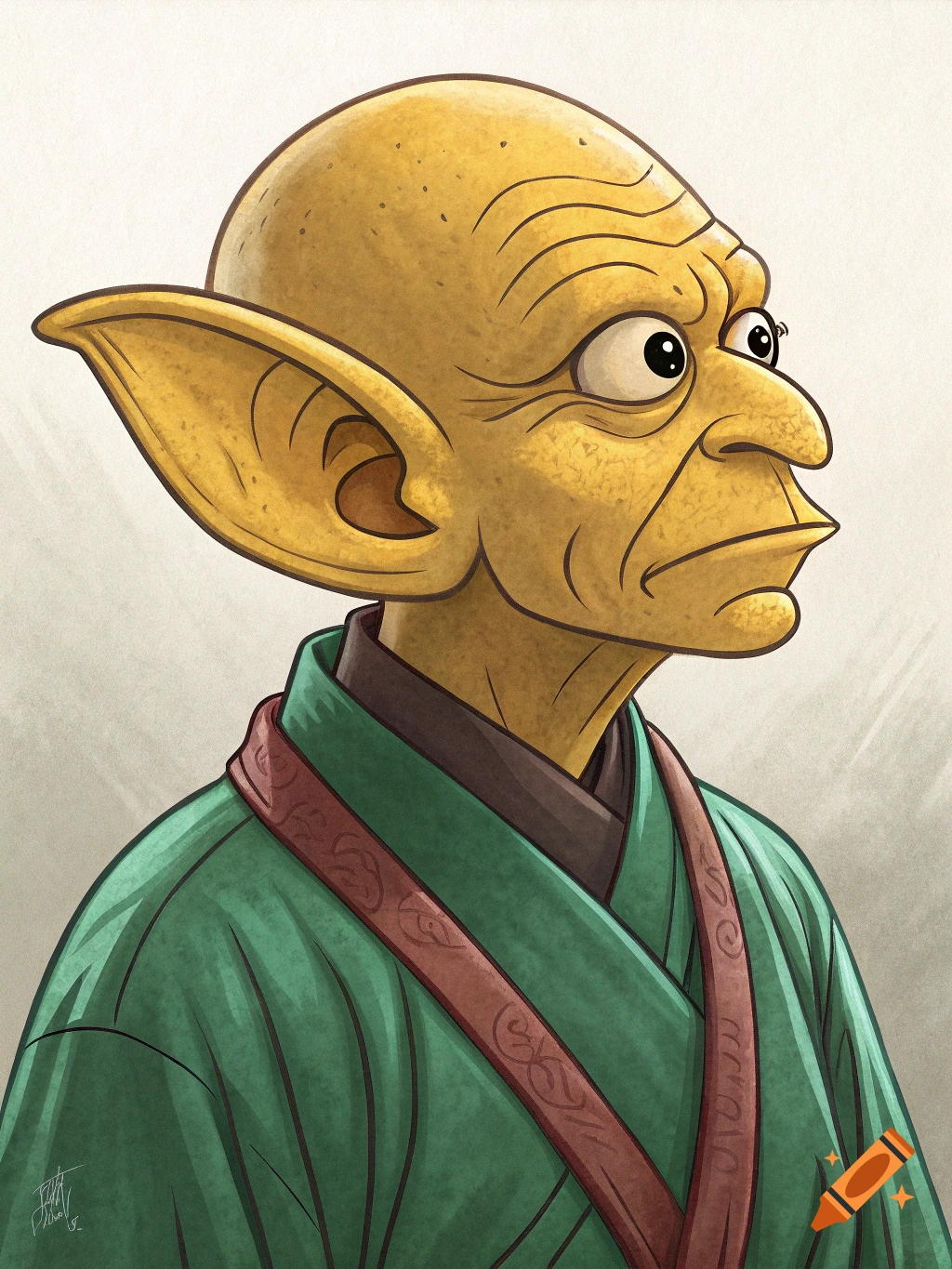 A cartoon character with yellow skin and large ears, resembling a bald Homer Simpson in a green robe, looking to the side with wide eyes.