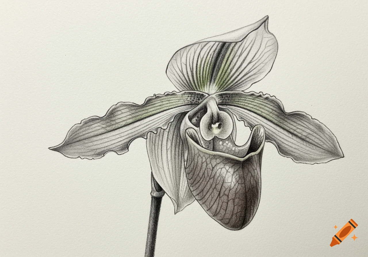 A detailed botanical drawing of a paphiopedilum orchid in black and white with subtle green accents.