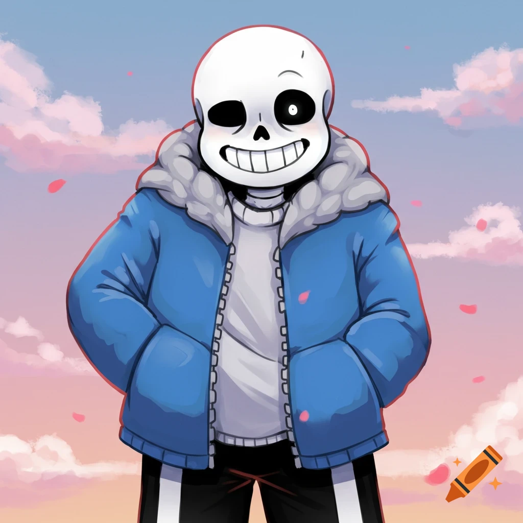 Smiling skeleton character Sans from Undertale in a blue puffer jacket, against a cloudy pink and blue sky.