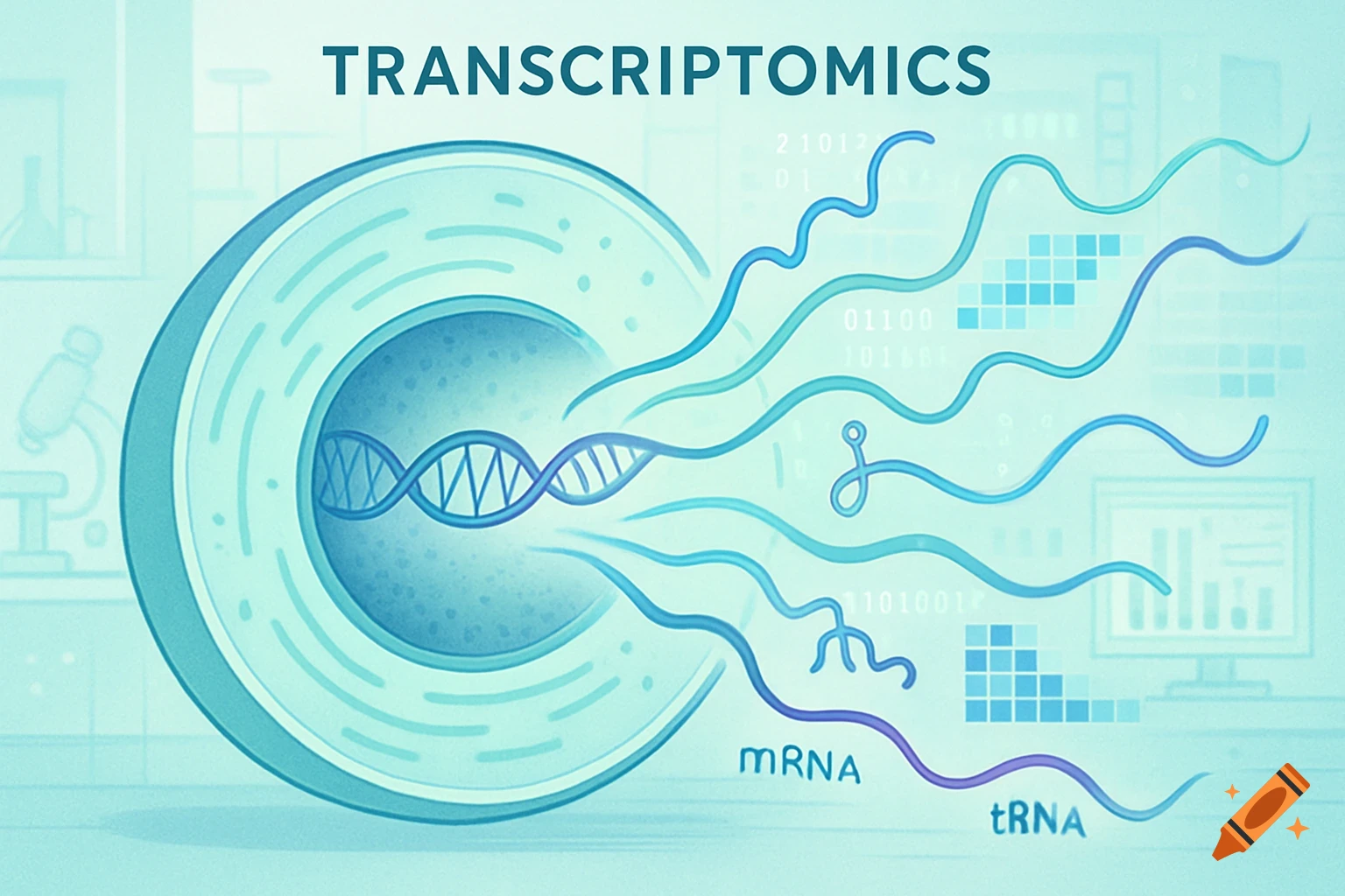 Stylized illustration of transcriptomics, showing DNA in a cell nucleus transcribing into mRNA and tRNA, with digital data and laboratory elements in blue and green tones.