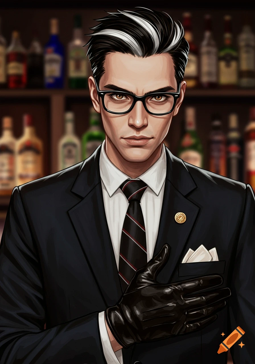 An anime illustration of a male bartender in a suit, tie, black leather gloves, and glasses, with black hair and white streaks.