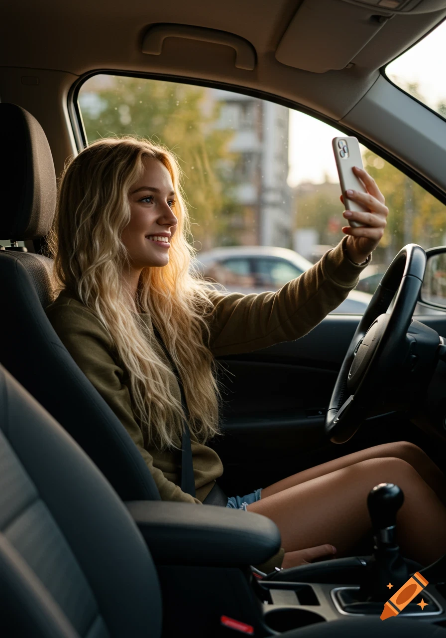 A smiling blonde woman in a car holds up her phone to take a selfie, with sunlight filtering through the window.