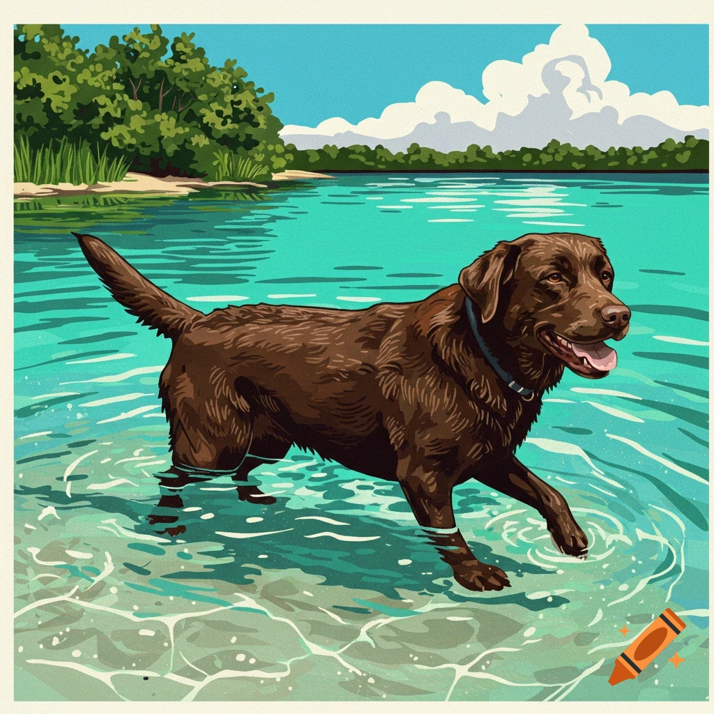 A brown chocolate labrador dog wading in clear blue-green water with a shoreline and trees in the background, in a vintage vector art style.