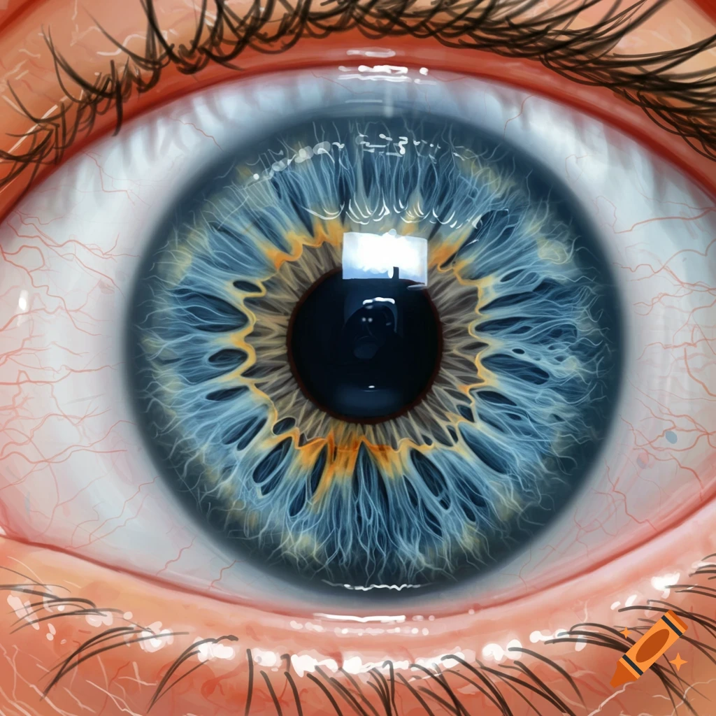 A highly detailed, close-up view of a blue human eye with intricate iris patterns and visible blood vessels.