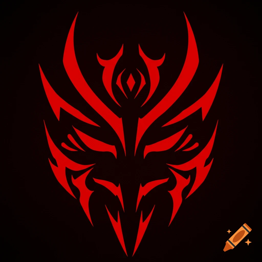A vibrant red abstract tribal pattern with sharp edges on a black background.