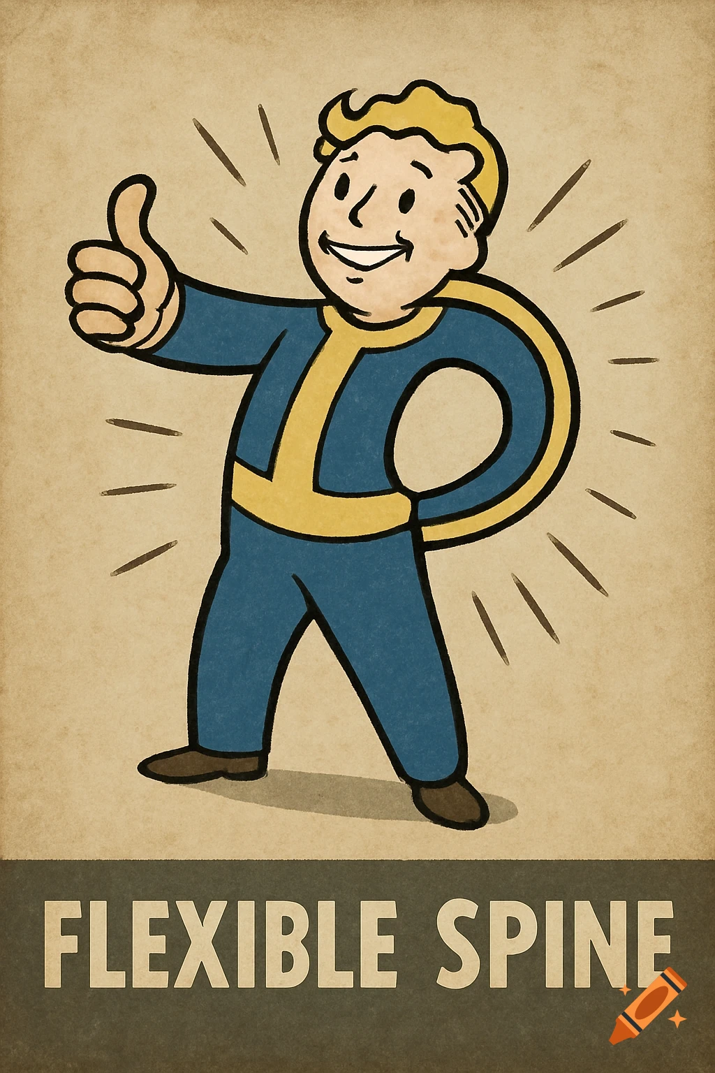 A cartoon character in a blue and yellow jumpsuit, similar to Vault Boy, giving a thumbs-up on a vintage-style poster with the words "FLEXIBLE SPINE" below.