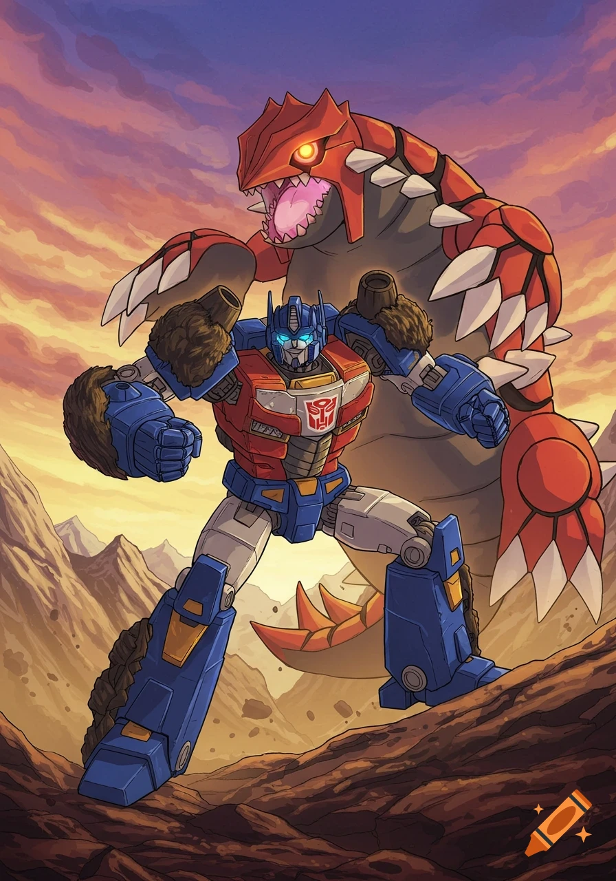 Cartoon illustration of Optimus Prime and Groudon standing in a rocky landscape at sunset.