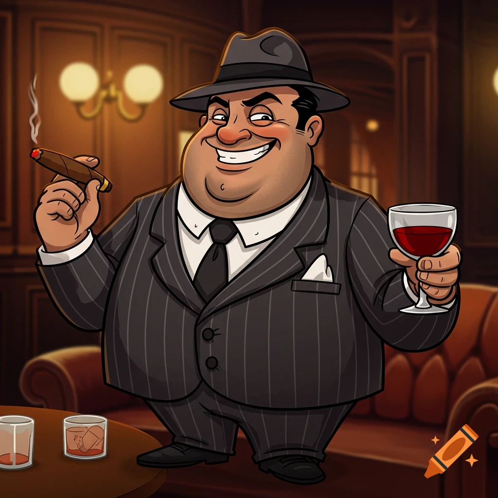 Cartoon gangster smoking a cigar and holding a glass of red wine in a dimly lit room.