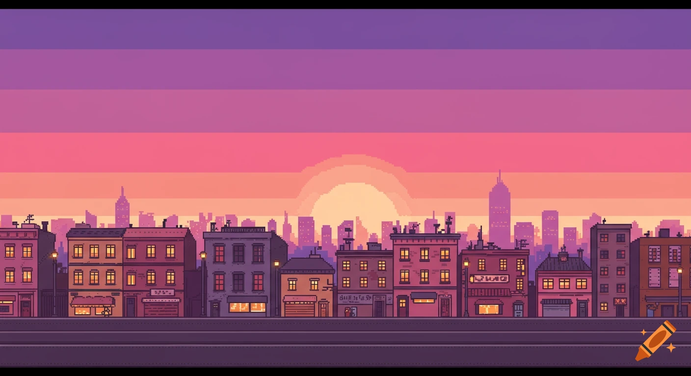 Pixel art cityscape at sunset with illuminated buildings and a vibrant pink and purple sky.
