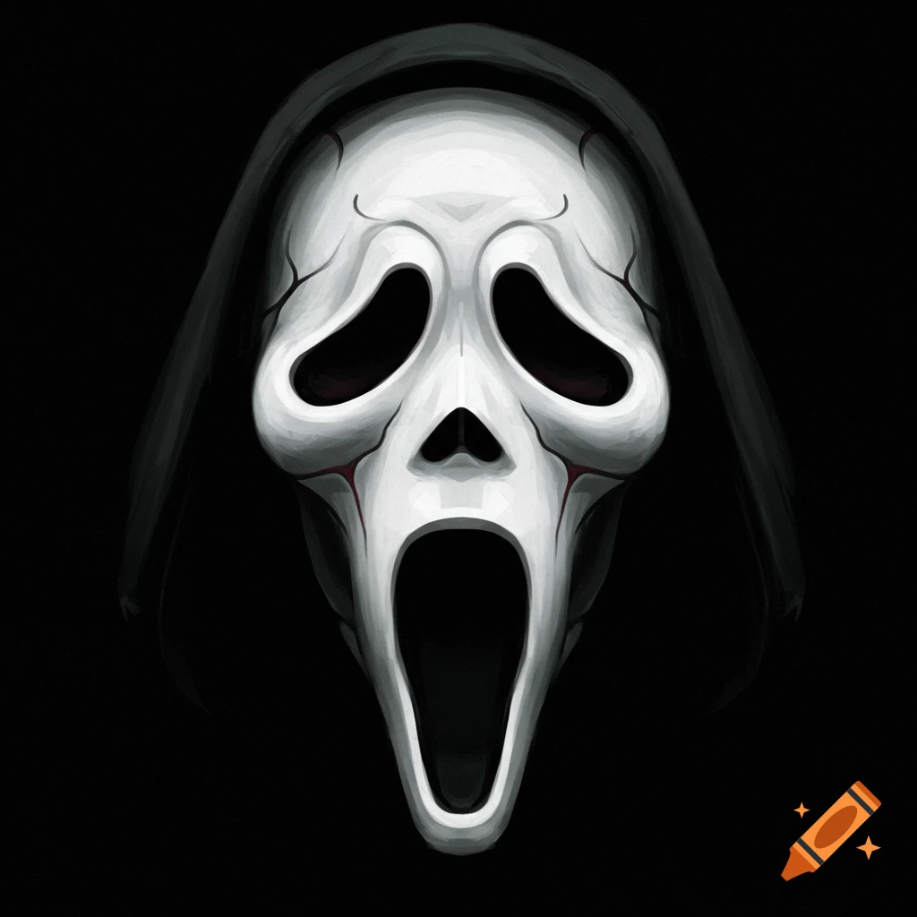 A stylized white Ghostface mask from the Scream horror film series, with black eyes and mouth, set against a dark background.