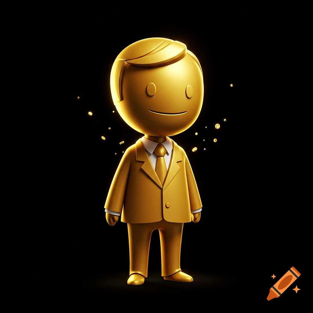 A shiny 3D golden character in a suit stands against a black background with small gold specks.