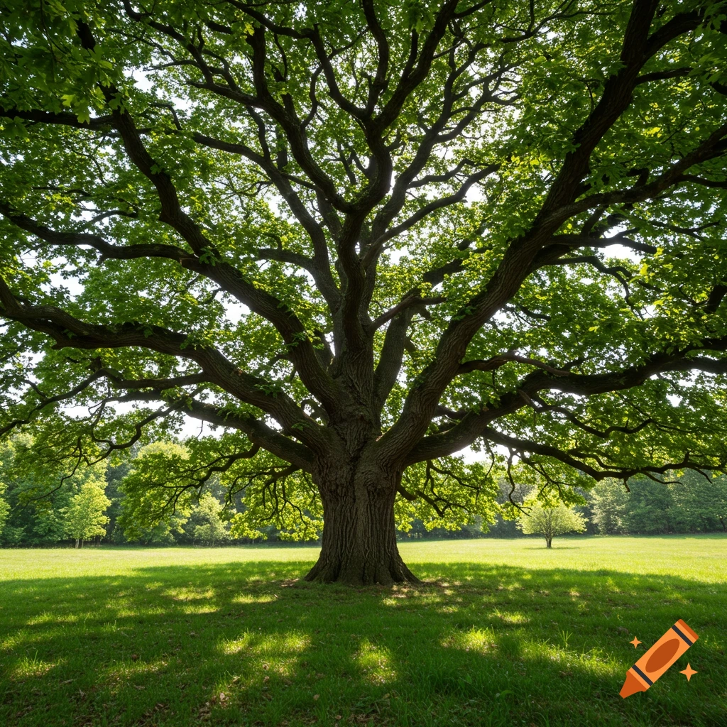 A large, old oak tree with a wide canopy of green leaves stands in a sunny grassy field.