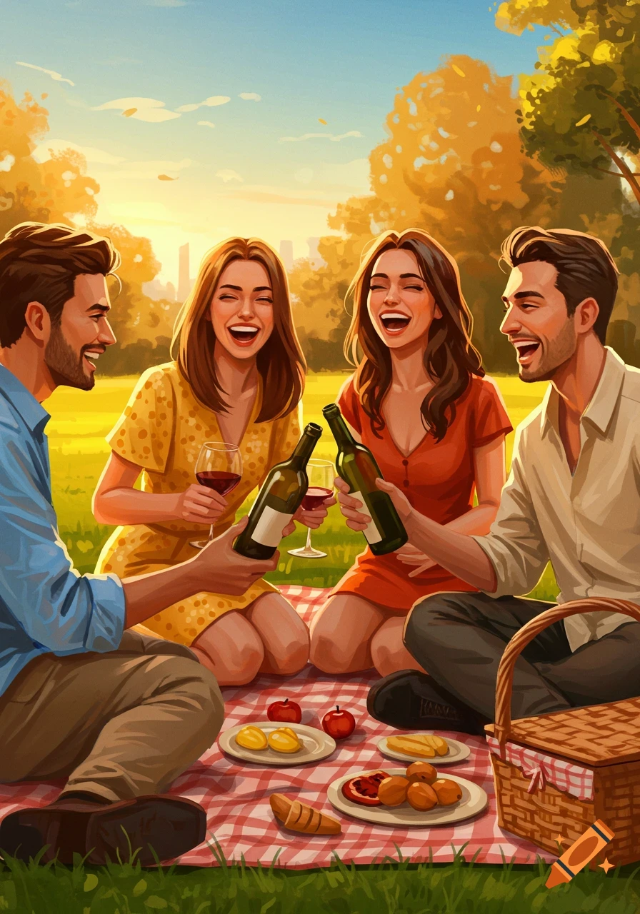 Four friends laugh and toast with wine at a sunny autumn picnic in a park, stylized illustration.