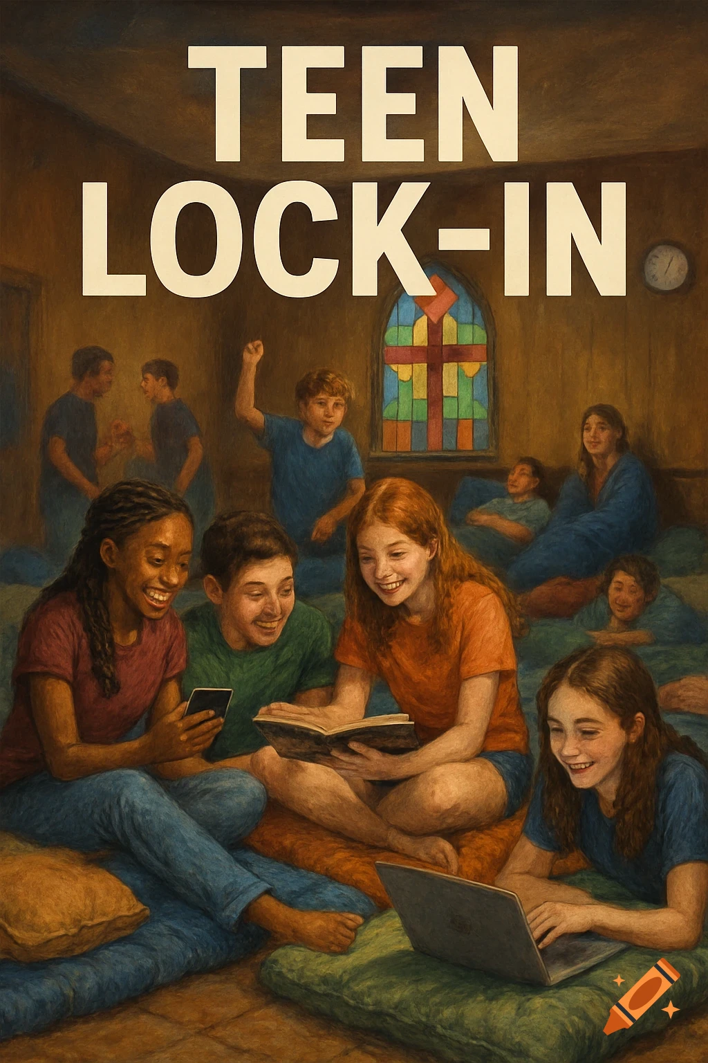 An illustration of smiling teenagers at a "Teen Lock-In" event, sitting on cushions, reading, and using devices, in a room with a stained glass cross window.