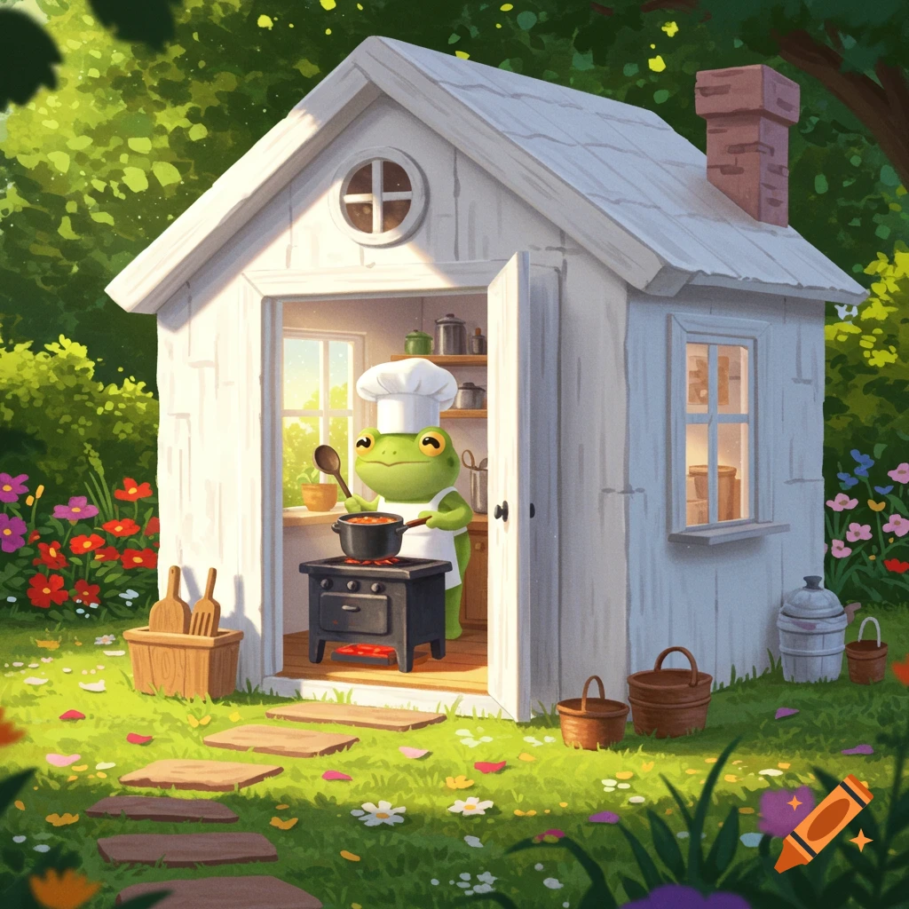 A cute green frog wearing a chef's hat and apron cooks in a small white garden shed, surrounded by vibrant flowers and lush greenery.