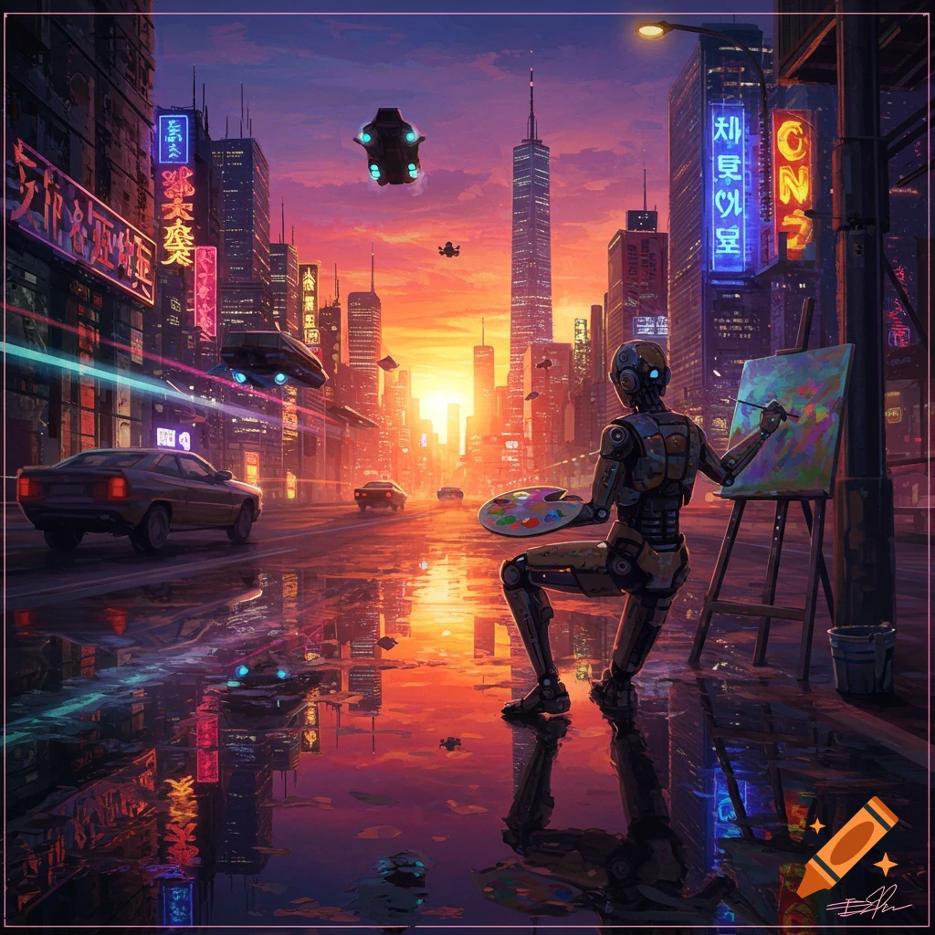 A humanoid robot paints a vibrant cyberpunk cityscape at sunset with neon lights, flying vehicles, and reflections in puddles.