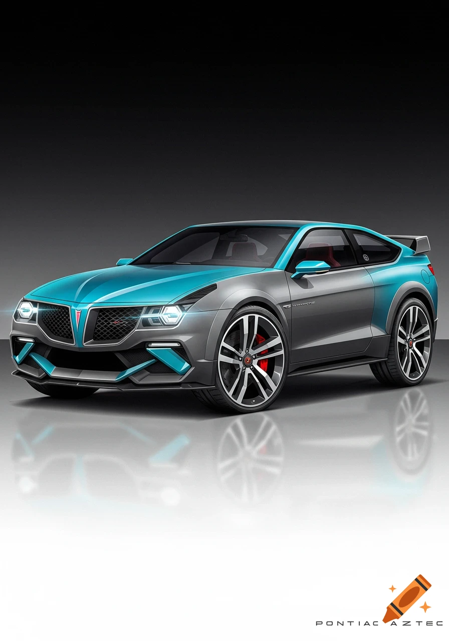 A sleek, futuristic Pontiac Aztec concept car in teal and gray with a black background and reflective foreground.