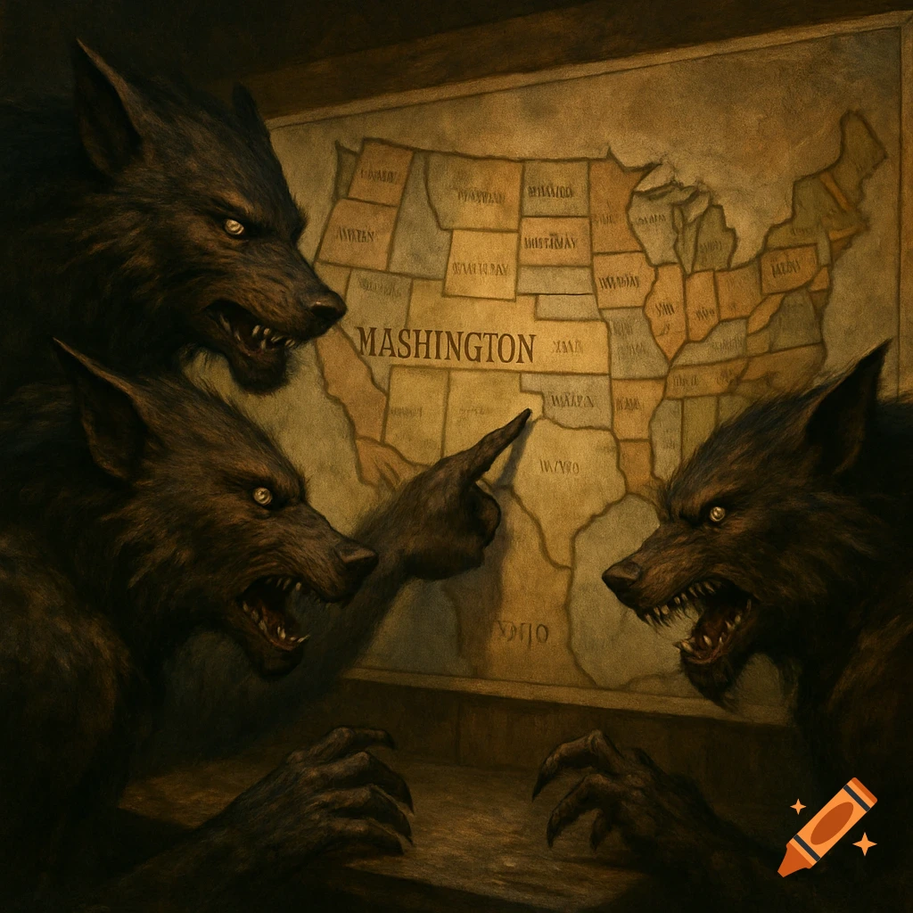 Three fierce werewolves with glowing eyes gather around a vintage US map, one pointing at the state labeled "MASHINGTON" as if planning an invasion in a dark, atmospheric art style.