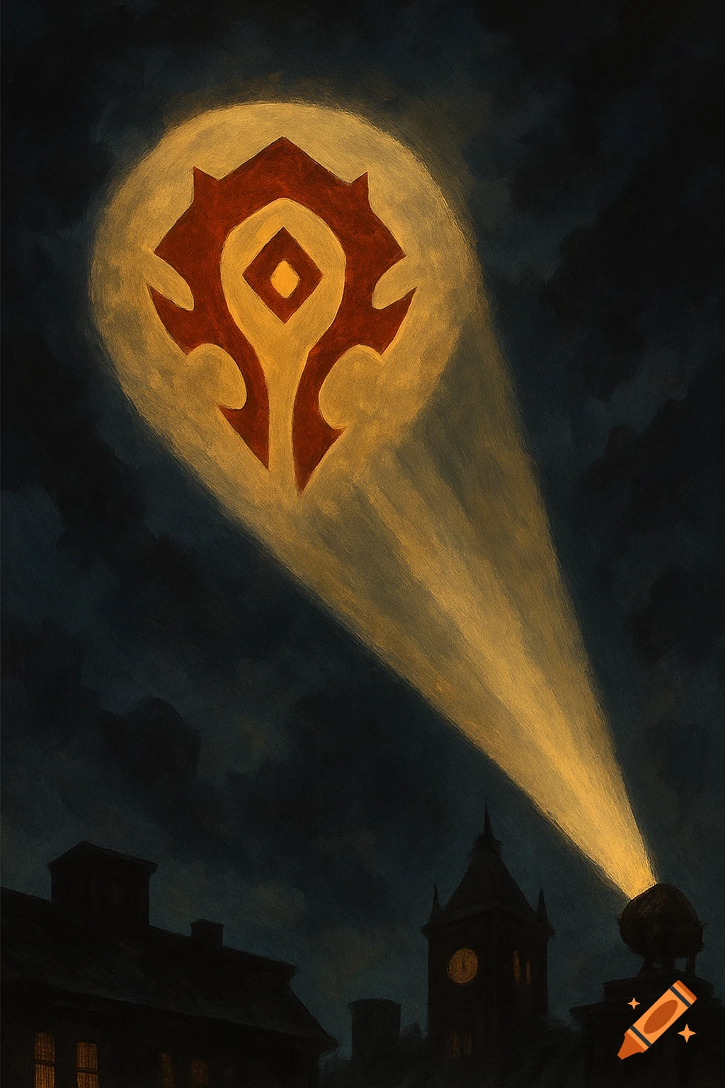 The red and gold Horde symbol from World of Warcraft projected into a dark night sky over a city, like the Bat-Signal.