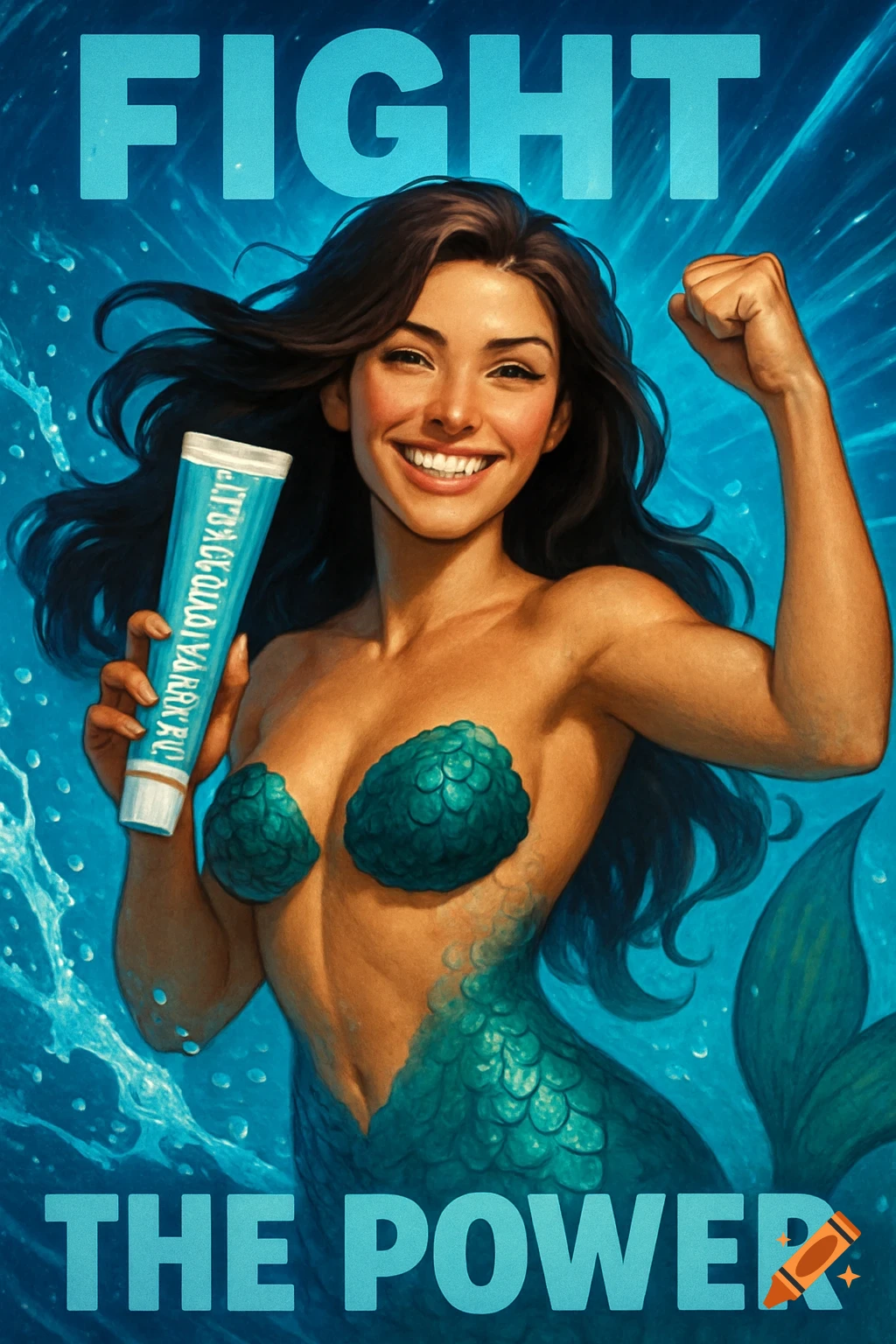 A smiling brunette mermaid with a teal tail and seashell top flexes her arm and holds up a toothpaste tube. Text above reads "FIGHT" and below reads "THE POWER" on a blue, watery background.