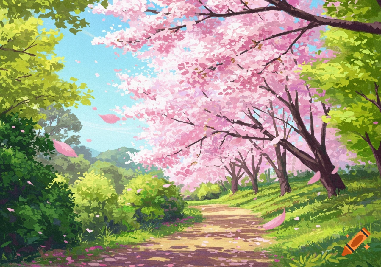 A path winds through a vibrant forest with pink cherry blossom trees and falling petals, in an anime style.