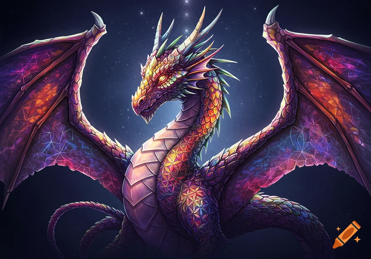 A vibrant, colorful dragon with geometric scales and large wings against a starry night sky.