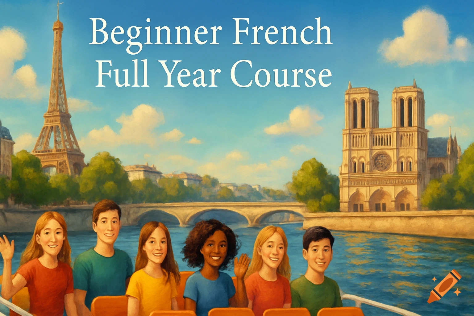 Students on a riverboat in Paris with the Eiffel Tower and Notre-Dame Cathedral in the background, text reads "Beginner French Full Year Course".