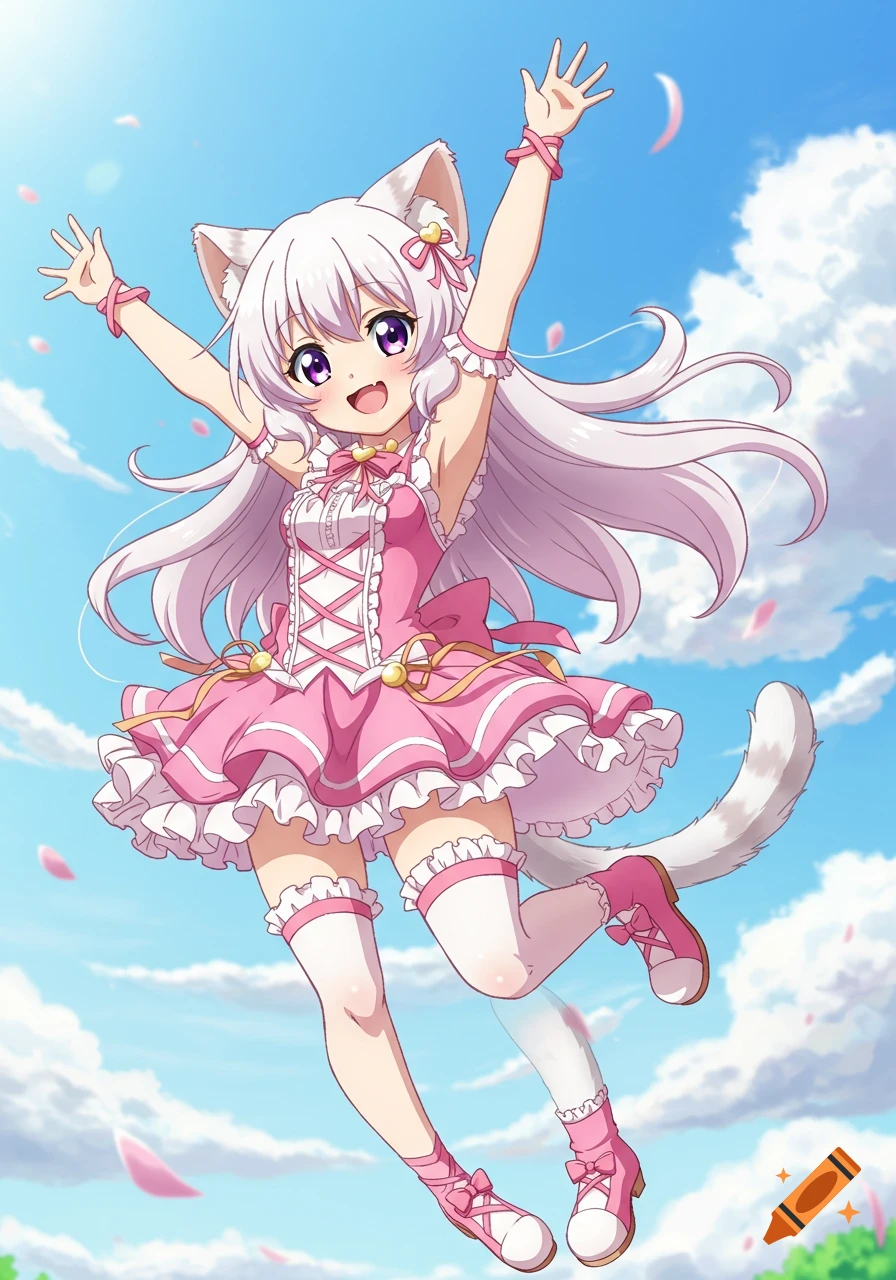 An excited anime catgirl with white hair and cat ears, wearing a pink dress, jumps in a blue sky with pink petals.