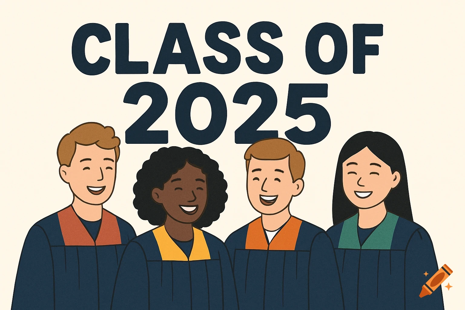A cartoon illustration of four diverse students in graduation robes smiling, with the text 'CLASS OF 2025' above them.
