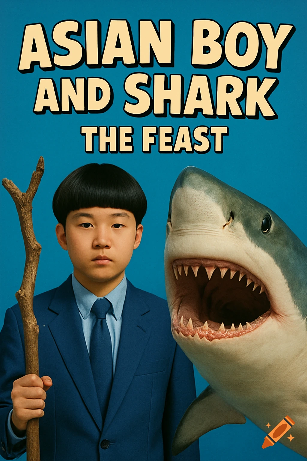 Photorealistic movie poster of a young Asian boy holding a stick next to a shark with its mouth open, on a blue background, with the title 'ASIAN BOY AND SHARK THE FEAST'.