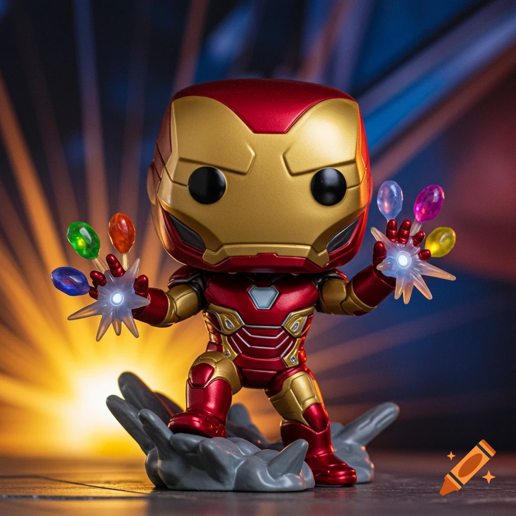 A photorealistic image of an Iron Man Funko Pop figure with glowing infinity stones on his hands and energy blasts, standing on rubble against an epic background.