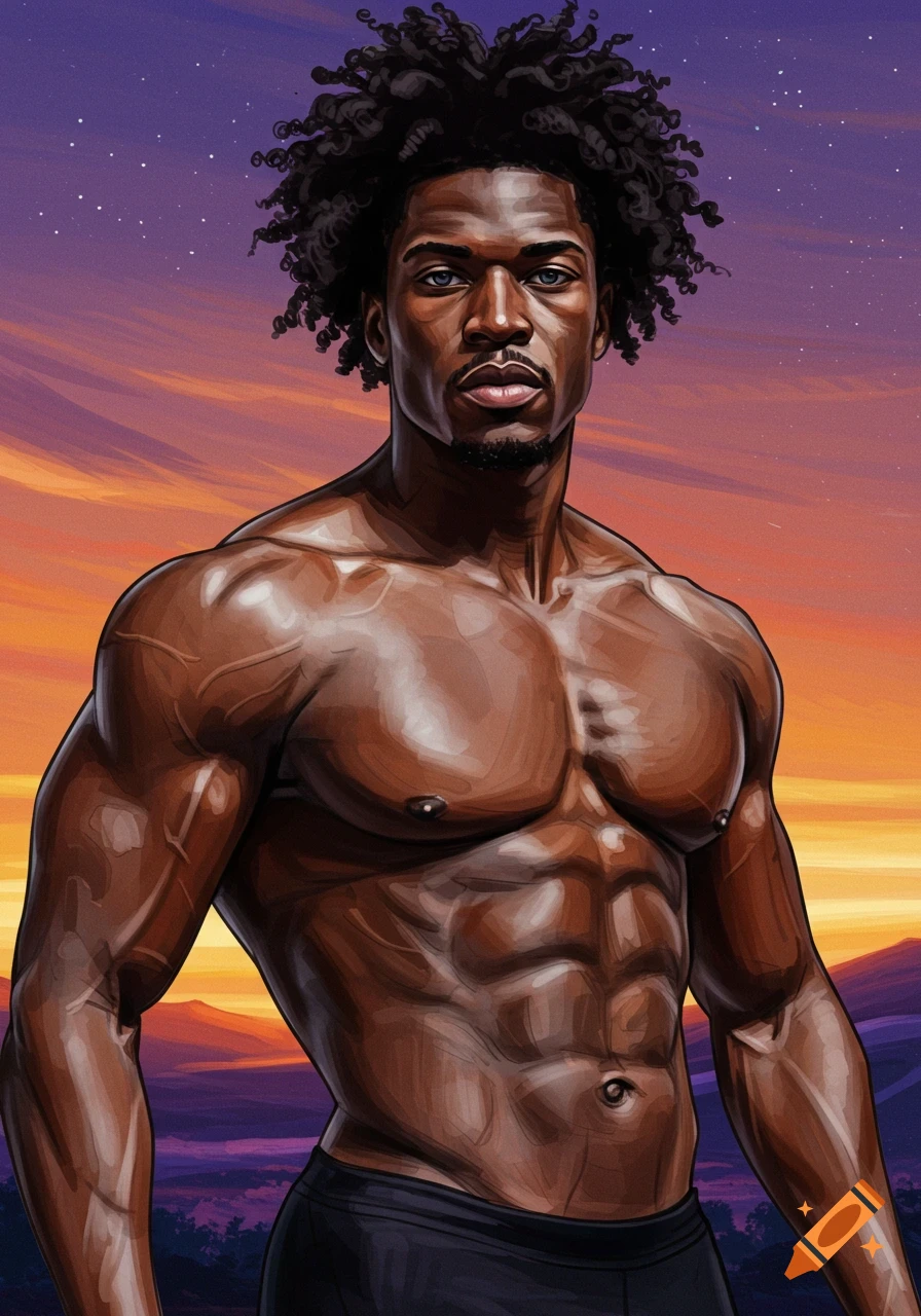 A stylized illustration of a muscular Black man with curly hair and blue eyes, set against a vibrant sunset sky.