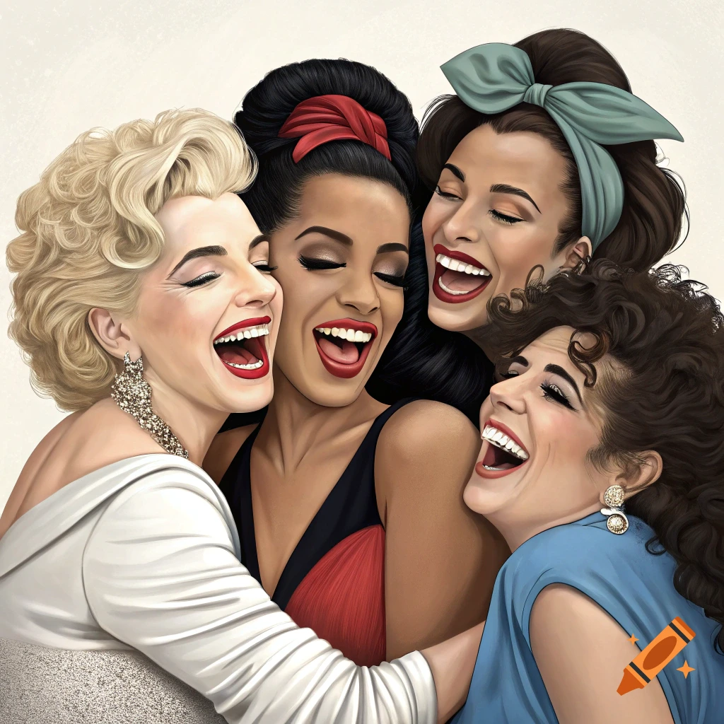 Illustrative portrait of four famous women, including Marilyn Monroe, Aaliyah, and Amy Winehouse, laughing and hugging.